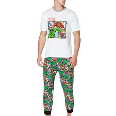 Image of Marvel Mens Comics Pyjamas PJ Set, Incredible Hulk Captain America Spiderman Iron Man Pjs For Men, Official Merchandise, Gifts Men (XS) White