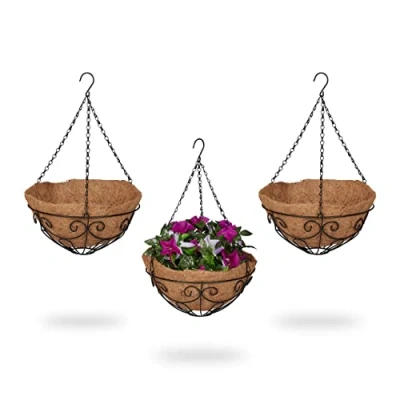 Image of Relaxdays Hanging Basket, Set of 3, Hook, Coconut Fibre Liner, H x D: 48 31 cm, Metal, Brown/Black
