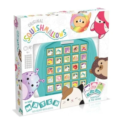 Image of Top Trumps match Squishmallows Board Game, 5 Lola the Unicorn, Daxxon Alien or Cam Cat in a row to win, perfect for travel, gift ages 4 plus
