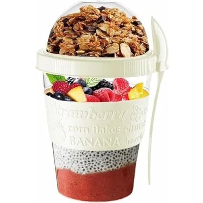 Image of VL Yogurt Pots Spoon Reusable 600ML Overnight Oats Muesli Cup with Lid BPA free Breakfast Cereal To Go Dishwasher Safe Snack Lunch Oatmeal Jars Travel Meal Food Container 20 (Cream)