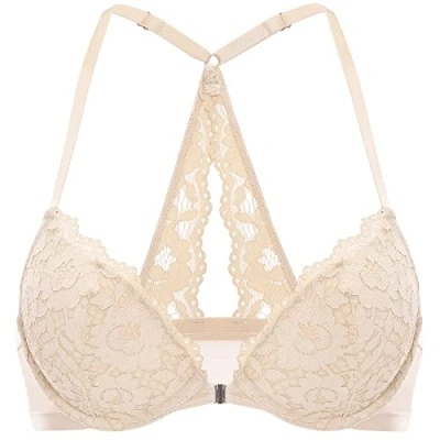 Image of DOBREVA Women&#039;s Push Up Front Fastening Bras Racer Back Lace Padded Plunge Underwired Bra Beige 38DD