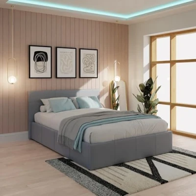 Image of GFW Classic Leather Upholstered Ottoman Storage Bed With Gas End Lift &amp; Under Storage, Double, Grey