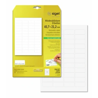 Image of SIGEL LA204 Universal Removable Labels, 4.57 x 2.12 cm, 1200 lbl equal to 25 sheets, White