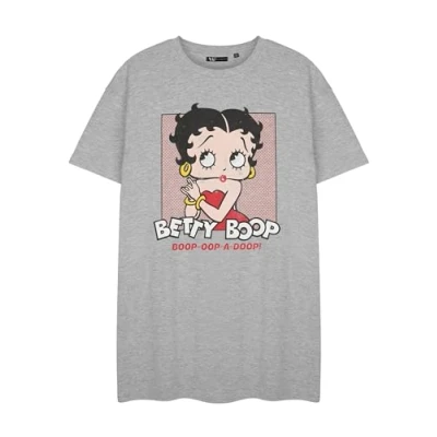 Image of Vanilla Underground Betty Boop Grey Short Sleeve Nightdress Ivy Park Crew Neck Casual Nightwear OOP A Doop Graphic Cotton Blend Nightie Cartoon Character Theme Pullover Sleepwear for Women