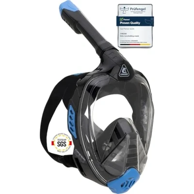 Image of CRESSI Bali Full Face Mask Black/Blue L/XL Unisex Integral Snorkel Mask, Anti Fog Clear Lens, 100% Silicone, Dry with Float Valve, Action Cam Mount, Adjustable Strap, Black/Blue,