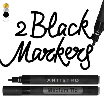 Image of ARTISTRO 2 Black Acrylic Paint Pens for Rock Painting Ceramic Wood Glass Metal Plastic 3mm Medium Tip Markers Ideal Labeling DIY Crafts Art Projects