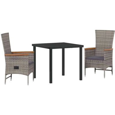 Image of vidaXL 3 Piece Garden Dining Set with Cushions Grey Poly Rattan