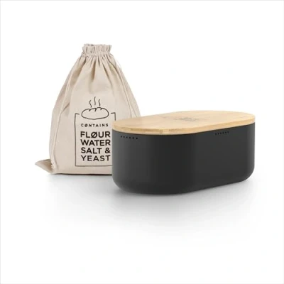 Image of LARS NYSØM Bread box I Metal with linen bag for long lasting freshness bamboo lid usable as cutting board 14.2x7.5x5.1 In (Carbon Black)