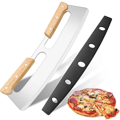 Image of KUONIIY Pizza Cutter Rocker, with Double Wood Handle, Stainless Steel Slicer Protective Cover Suitable for Cutting Pizza, 13 Inch …
