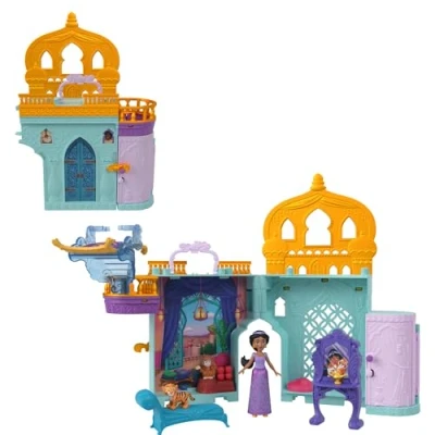 Image of Mattel Disney Princess Jasmine Stackable Castle Doll House Playset with Small Doll, 2 Friends &amp; 7 Pieces, Inspired by Movie Aladdin, HLW93