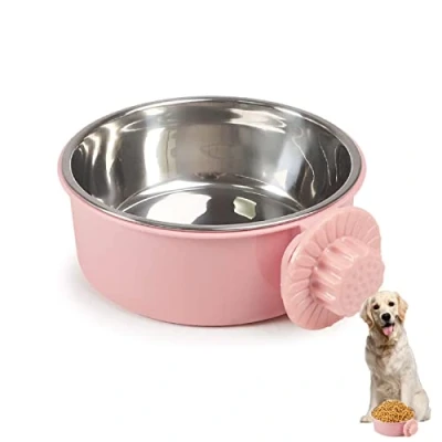 Image of Pet Crate Bowls, Stainless Steel Dog Cage Hanging Bowl Removable Food Water Bowls for Dogs Cats Small Animals (PINK)