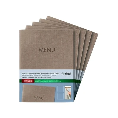Image of SIGEL SM211 Set of 5 Menu folders with elastic cord, 2 Transparent Pouch for 8 DIN A5 Sheets, embossing Menu, dark Beige