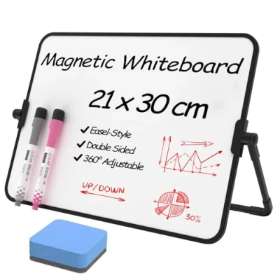 Image of NEWYES Mini Whiteboard, Magnetic Dry Erase 21 x 30 cm A4 Double Sided Tabletop Small White Board with Stand, 2 Colors Markers Pens + 1 Eraser Home Kitchen Office School Essentials