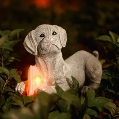 Image of Garden Mile Solar Resin Dog Ornaments Durable Stone Effect Decoration for Outdoor Indoor Decorative Patio Home Animal Puppy Canine Figurine Statue