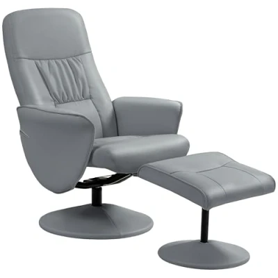 Image of HOMCOM Swivel Recliner Chair with Footstool, PU Leather Armchair and Ottoman High Back Round Base for Living Room, Light Grey