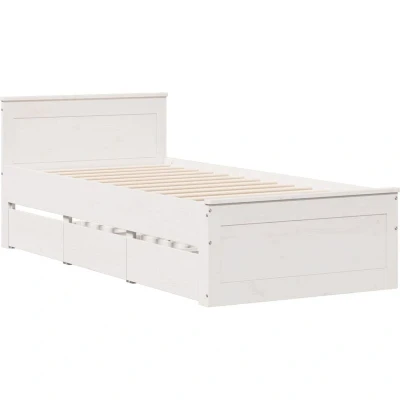 Image of vidaXL Solid Pine Bed Frame Without Mattress&amp;Headboard 90x200 cm White Finish Modern Single with Slatted Base &amp; Storage Drawers