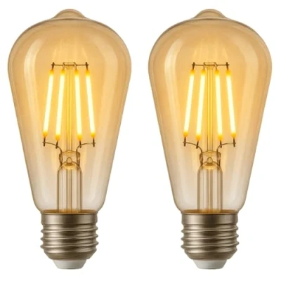 Image of 4W E27 LED Edison Bulb, Pack of 2, Vintage Light ST64 Filament, Antique Retro Amber Glass Screw Lamp, 2700K Warm White, Dimmable