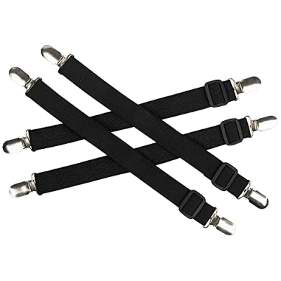 Image of ANCLLO Set of 4pcs Adjustable Bed Sheet Fasteners Suspenders,Fitted Clips Garters Grippers with Elastic Holder Straps, Black