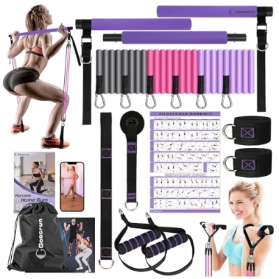 Image of Multifunctional Pilates Bar Kit Home Gym, Resistance Bands Set with Handles and Door Anchor Extension Straps Fitness Poster Video