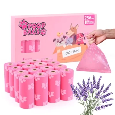 Image of Ninsetinsoe Poop Bags Rolls 256 Count 9x13 Inches Pink Thickened Leakproof Lavender scent Poo for Dogs, Eco Friendly Pet Waste Walking, Home, Travel