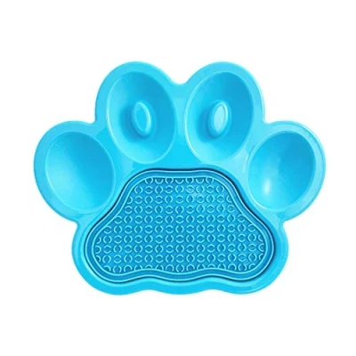 Image of PetDreamHouse Paw 2 in 1 Dog Slow Feeder Bowl and Removable Lick Mats for Dogs, Puppies or Cats Plate Food Treats Controls Fast Eating Anti Bloating Blue