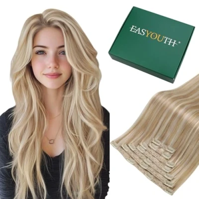 Image of Easyouth Blonde Clip in Hair Extensions Real Human Highlight 18 Inch 120g 7Pcs Double Weft