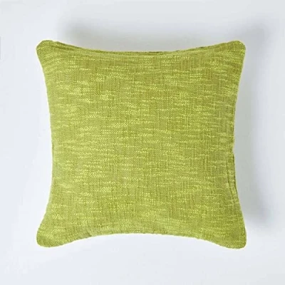 Image of HOMESCAPES Lime Green 18 x Inch Nirvana Pure Slub Cotton Cushion Cover Coordinating with Matching Throws and Bedspreads
