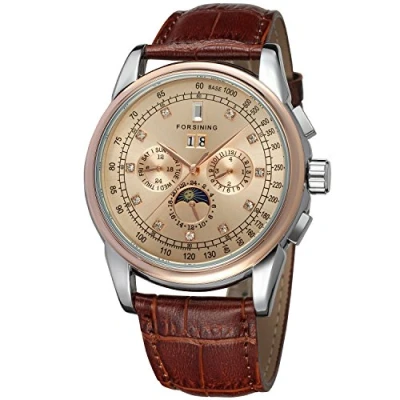 Image of Forsining Men&#039;s High end Automatic Moon Phase Leather Strap Analogue Collection Wrist Watch FSG319M3T5