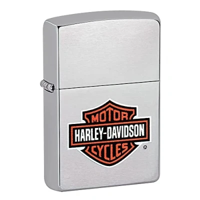 Image of Original Matt Silver Zippo Lighter with colour printed Harley Davidson logo