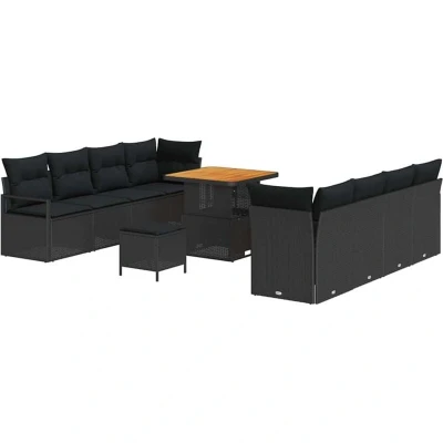 Image of vidaXL 11 Piece Garden Sofa Set with Cushions Black Poly Rattan Acacia