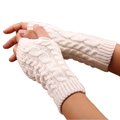 Image of Women Fingerless Gloves, Girl&#039;s Wrist Arm Hand Warmer Half Finger Gloves Winter Warm Knitted Mitten (White)