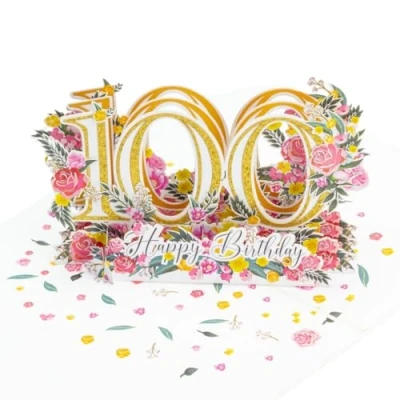 Image of Three Dee Cards Happy 100th Birthday Pop up Greeting Card, 3D For Mum Dad Grandad Grandma Grandmother Grandfather Sister Brother Friend Her Him One Hundredth