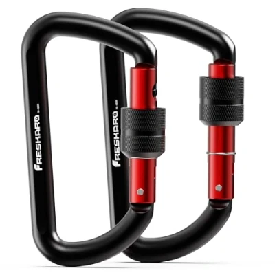Image of FresKaro 3inch Locking Carabiner Clips Heavy Duty, Strong 12kN Screw gate Aluminum Carabina, Karabiner Hooks, Rust free, Lightweight, for Dog Lead, Hammocks, Swing, Camping, Key, D Shaped, 2Pack,Black