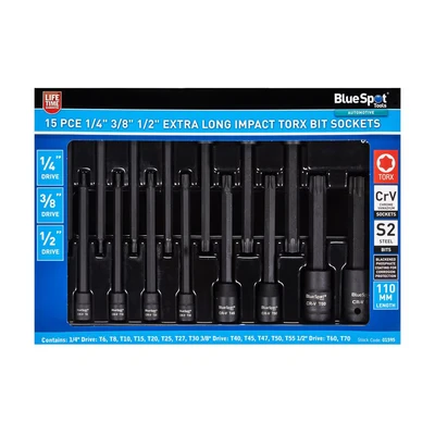 Image of Blue Spot Tools 15 PCE 1/4&quot;, 3/8&quot; &amp; 1/2&quot; Extra Long Impact Torx Bits Sockets (T6 T70)