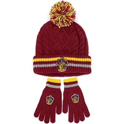 Image of Harry Potter Hat And Gloves Set Adults Mens Womens Gryffindor Ravenclaw OR Slytherin Hufflepuff House Options Knitted Pom Beanie One Size Winter