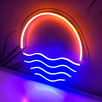 Image of Sunset&amp;Sea Blue LED Neon Signs Sunrise Lights For Bedroom Decoration Cool Wall Decor Living Room Boy&#039;s USB Powered(12 * 12&quot;)