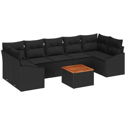 Image of vidaXL 8 Piece Garden Sofa Set with Cushions Black Poly Rattan Acacia