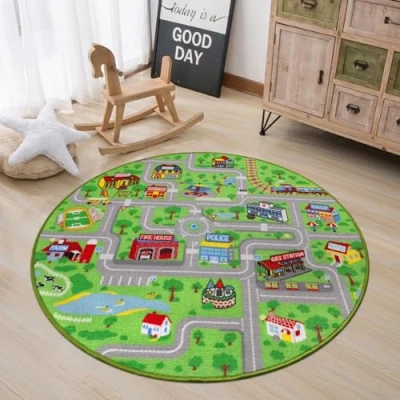 Image of Capslpad Kids Play Mat Non Slip Kid Rug Playmat for Toy Cars Washable City Town Roads Interactive Car Floor Carpet Nursery Room Playroom Bedroom Decor, Round 120cm