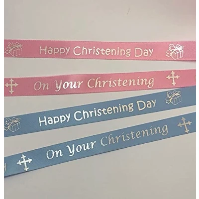 Image of 15mm Blue &#039;Happy Christening Day&#039; Ribbon Printed in Metallic Silver Text, 1 metre Cut from roll