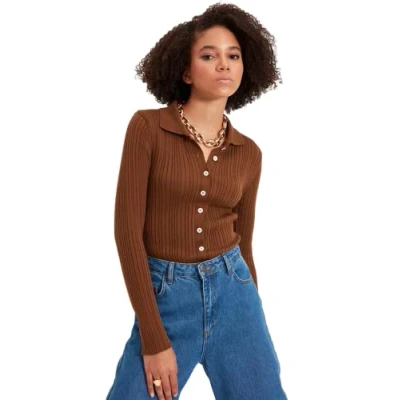 Image of Trendyol Women Slim fit Basic Shirt Collar Knitwear Cardigan Brown