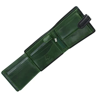 Image of VISCONTI Torino Collection Atlantis Vegetable Tanned Leather Bi Fold Wallet RFID Blocking TR35 Black/Green Hues