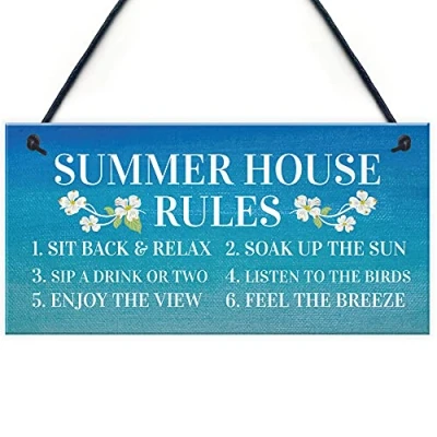 Image of RED OCEAN Summer House Rules Hanging Garden Shed Sign Home Decor For