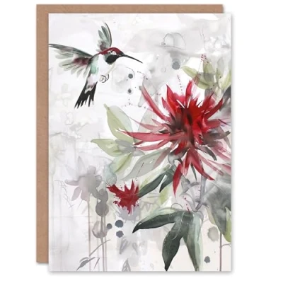 Image of Artery8 Greeting Card Hummingbird Red Monarda Flowers Watercolour For Her Woman Birthday