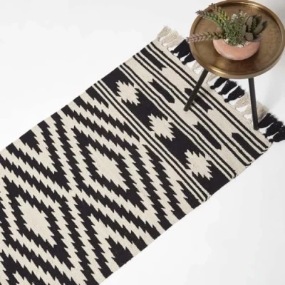 Image of HOMESCAPES White &amp; Black Handwoven Kilim 100% Cotton Rug Carpet Runner for Hallway 66 x 200 cm Traditional Geometric ‘Dinan’ with Tassels