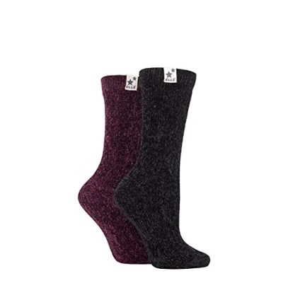 Image of Elle Womens Soft and Cosy Cable Knit Chenile Boot Socks in a Multipack of 2 for Walking Hiking the Outdoors Size 4 8 Black/Damson