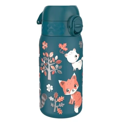 Image of Ion8 Lightweight Steel Kids Water Bottle, 400ml/13oz, Non Insulated, Leak Proof, Easy to Open, Secure Lock, Dishwasher Safe, Fits Cup Holders, Carry Handle, Metal Teal, Forest Animals