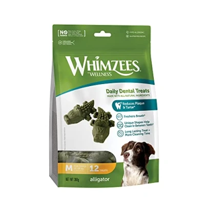 Image of WHIMZEES By Wellness Alligator, Natural and Grain Free Dog Chews, Dental Sticks for Medium Breeds, 12 Pieces, Size M