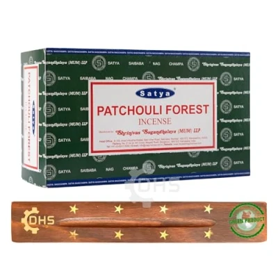 Image of Satya Nag Champa Patchouli Forest Incense Sticks Full Box of 12 with DHS Stick Holder Used for Aromatherapy, Yoga, Meditation, and Relaxation