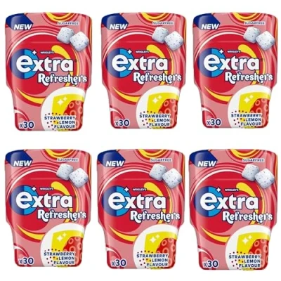 Image of Extra Refreshers, Strawberry Lemon Flavor Sugar free Chewing Gum Bottle, 6 x 30 Pack (Strawberry Lemon)