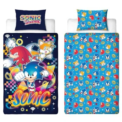 Image of Officially Licensed Sonic the Hedgehog Design Gaming Single Duvet Cover Set Reversible 2 Sided Bedding with Tails and Knuckles Including Matching Pillow Case Perfect For Kids Bedroom